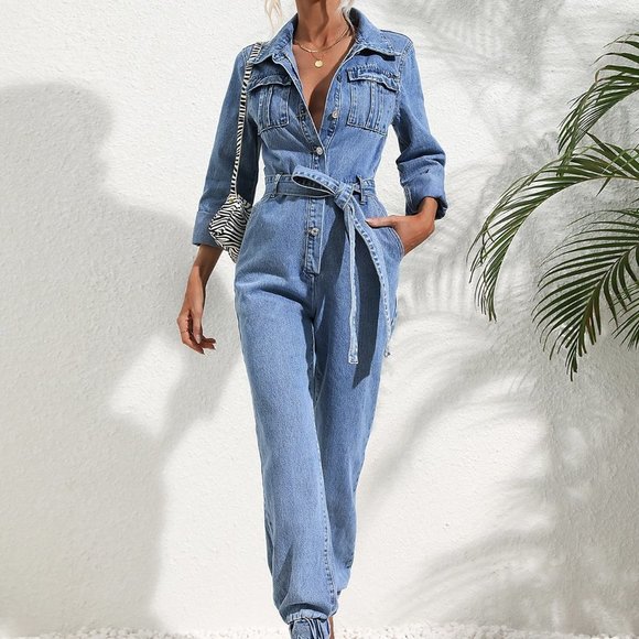 . Pants - Blue Casual Womens Flap Pocket Belted Denim Jumpsuit